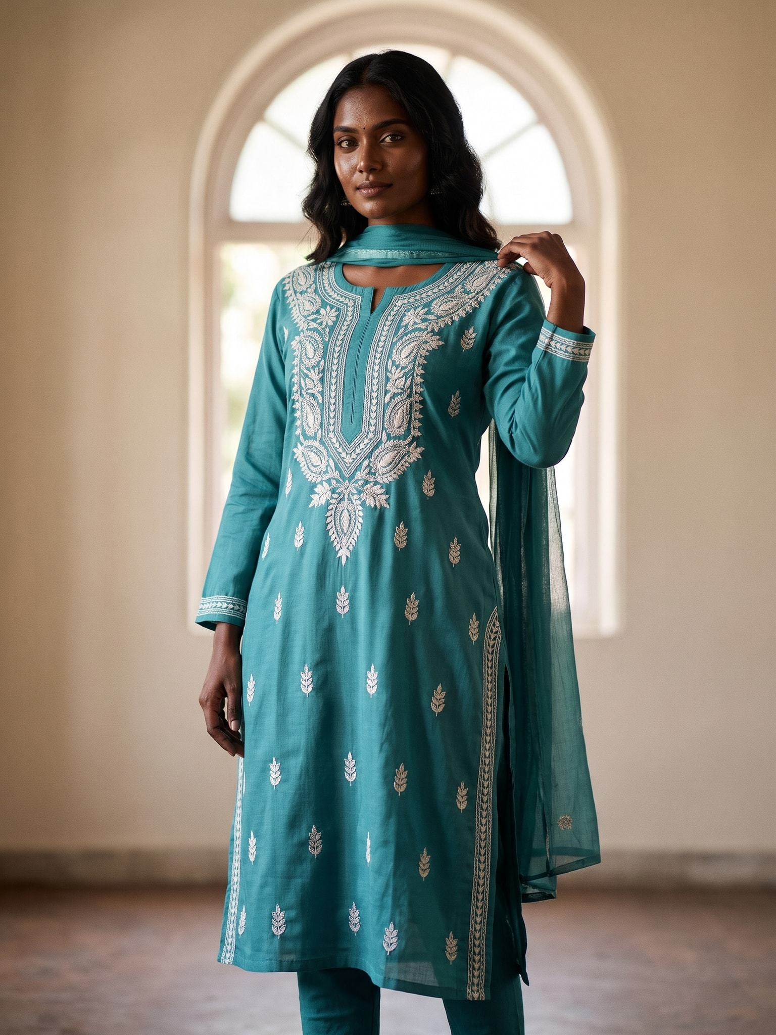 Teal chikankari kurta, generated